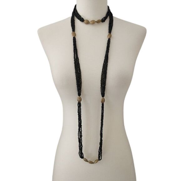 Multi Strand Beaded Necklace LONG 60" Black Seed Beads Brass Colored Stations - Picture 3 of 16